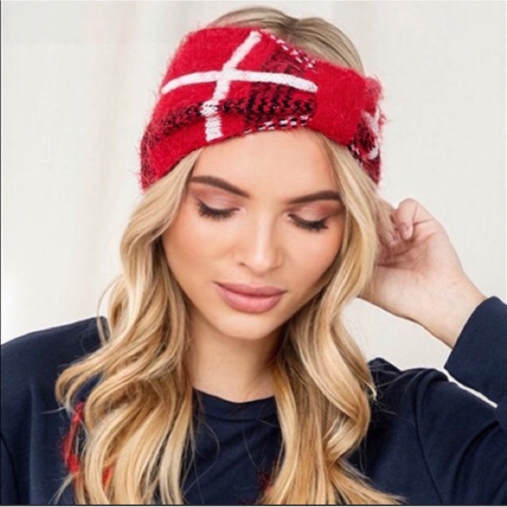 New Red Plaid Women's Head Warmer Ear Warmer Fuzzy Fall Winter Head Wrap